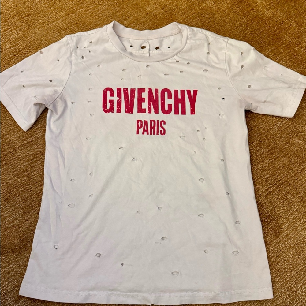 Givenchy White Tee with Distressed Pink-Red Logo